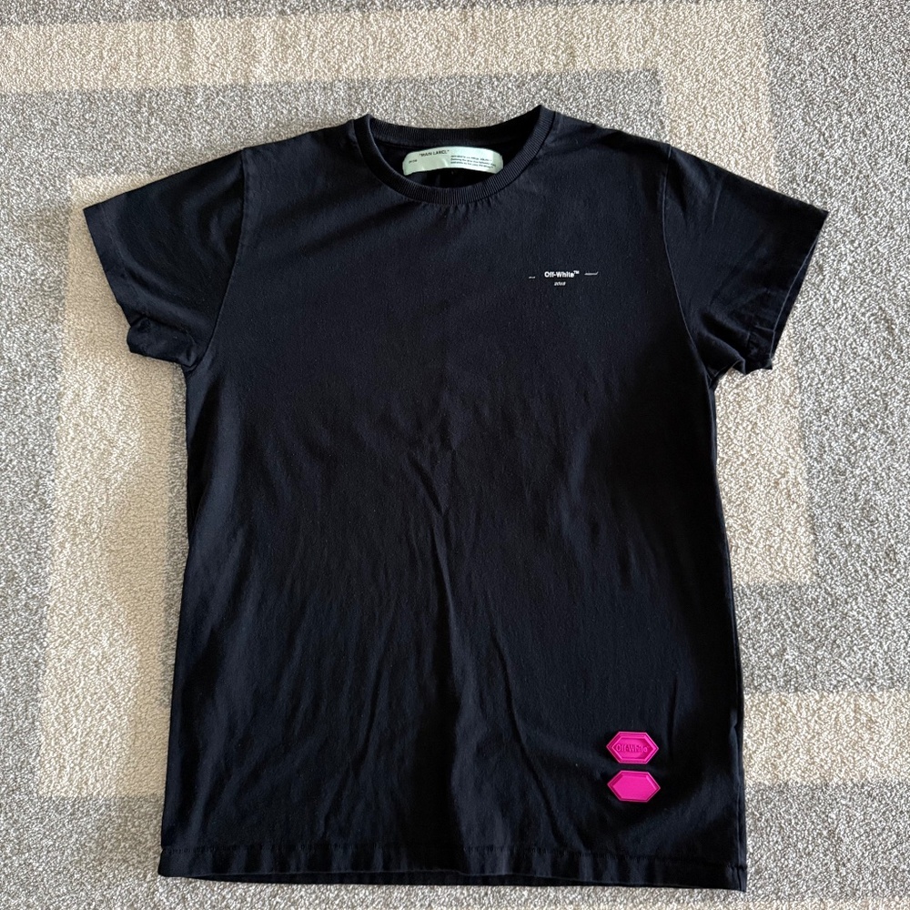 Off-White Brand Black Tee with Hot Pink Rubber Accents